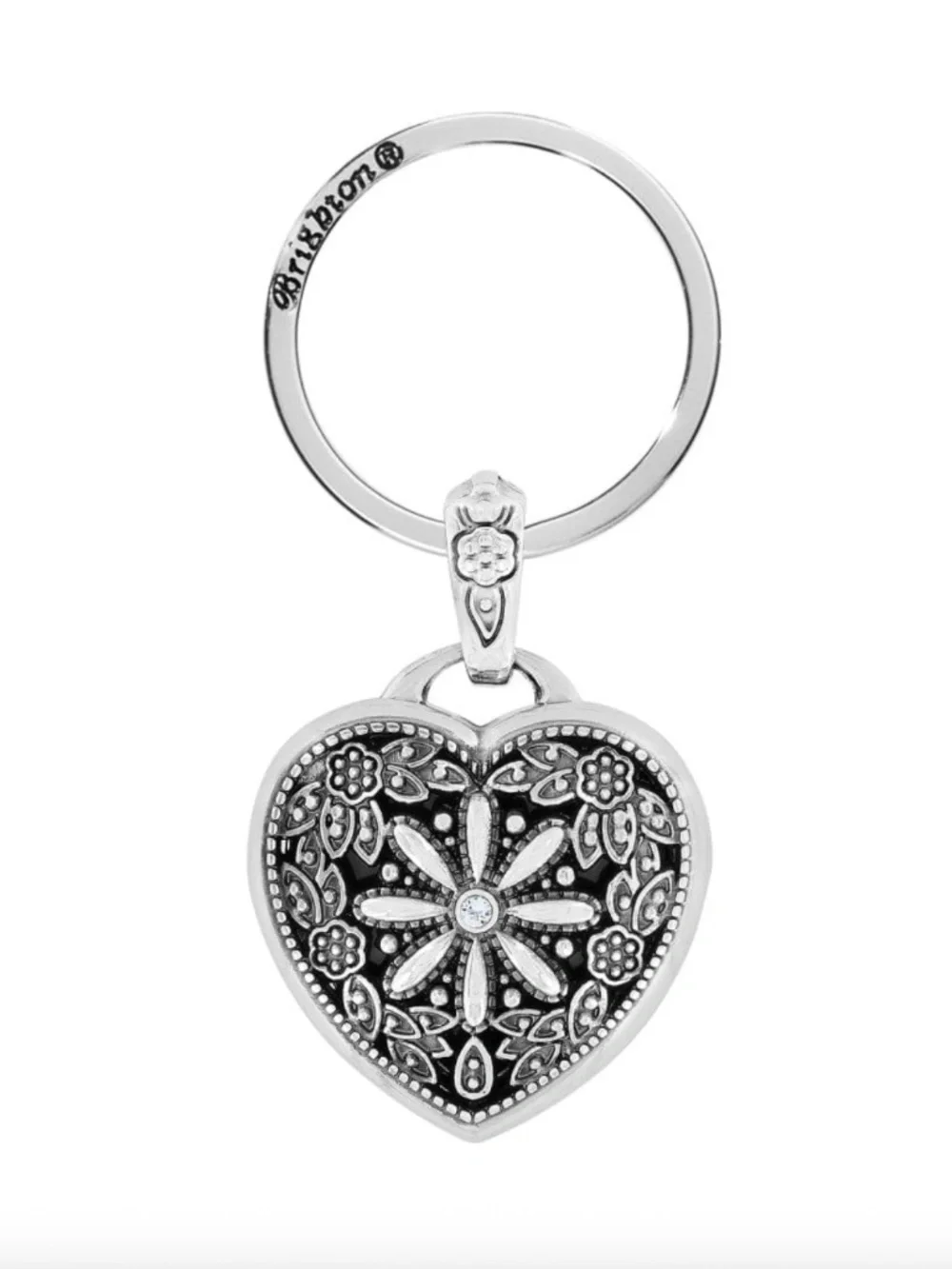 Brighton Floral Heart Locket Key Fob Silver PlatedKeychain Photo Holder